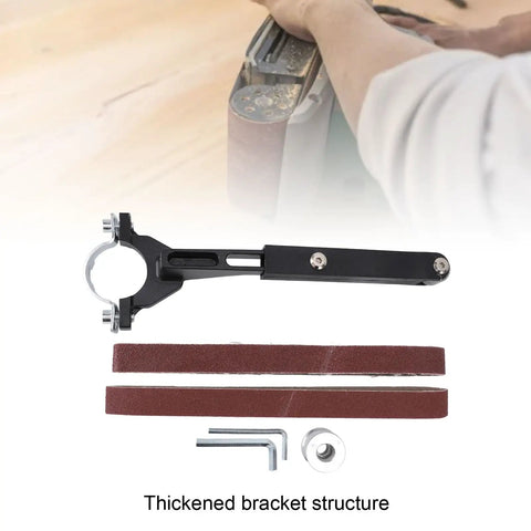 Solid Quality Belt Sander Adapter For Angle Grinders with thickened bracket, 100 mm sanding belts and mounting hardware.