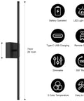 Total Vibe Shift Battery Operated Wall Sconce Set Of Two With Remote Touch Control Dimmable Led Wireless Black Light features battery specs and dimensions.