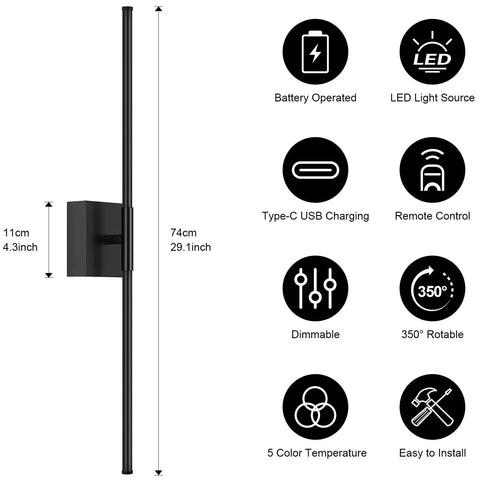 Total Vibe Shift Battery Operated Wall Sconce Set Of Two With Remote Touch Control Dimmable Led Wireless Black Light features battery specs and dimensions.