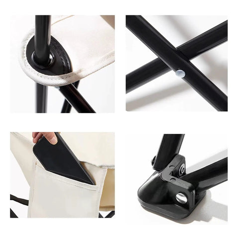 Close-up details of Ultralight Folding Camping Chair with 450 pound capacity, durable steel frame, and pocket feature
