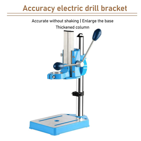 HaloVerde Mini Drill Press Stand With 90 Degree Rotatable Fixture And 80mm Stroke Fits 38 To 50mm Drills multifunctional electric drill holder with blue base.