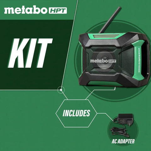 18V MultiVolt Cordless Bluetooth Radio With 15 Level Bass And Treble Equalizer, includes AC adapter, on green background