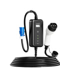 No Hassle Plug And Play Heavy Duty Portable Electric Vehicle Charger With Type Two Cable And J1772 Adapter 32 Amps 7 Kw Cee Plug IP67 Waterproof EV Charging Station Weekender Ready close-up with display and charging cable.
