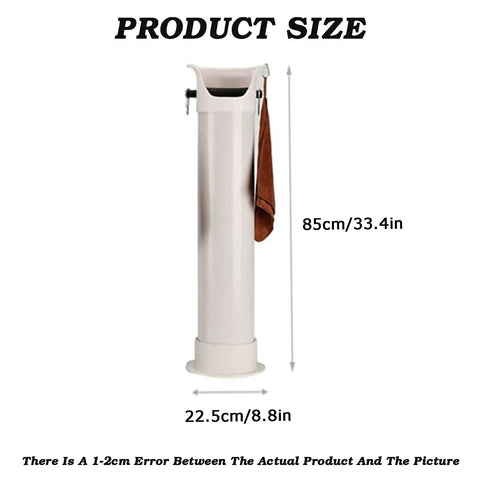 Top Shelf Coffee Grounds Knock Box With Splash Proof Tilted Opening Eight Point Six Liter Large Capacity Espresso Dump Bin Includes Trash Liners And Dry Towel Slick Matte White Build showing product size and towel placement.