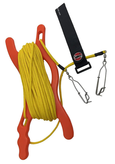 Beefy Float Line With Winder 100ft 3/16 Inch Hollow Diamond Braided Polypropylene For Boating Towing A Float Or Buoy While Spearfishing Snorkeling And Scuba Includes 2 Swivel Connectors And A Floating Line Holder.