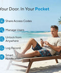 Man using smartphone on a beach with Smart Door Lock U-Bolt With WiFi Bridge 5-In-1 Keyless Entry Lock functionality overview.