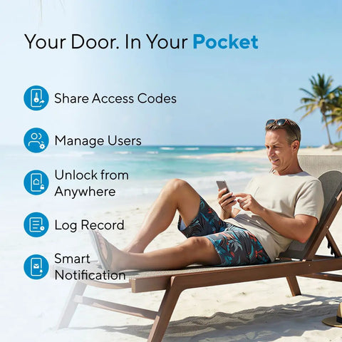 Man using smartphone on a beach with Smart Door Lock U-Bolt With WiFi Bridge 5-In-1 Keyless Entry Lock functionality overview.