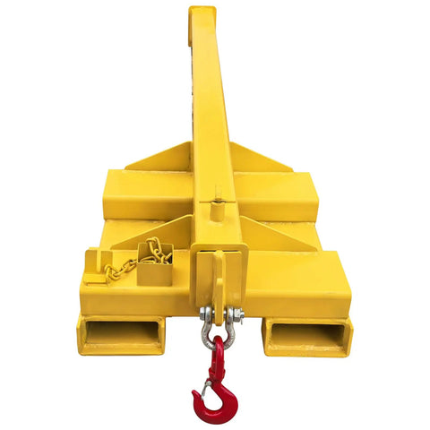 Built Like A Tank 3 Ton Telescopic Forklift Boom Attachment with red hook and yellow carbon steel construction.