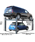 Top Shelf Four Post Vehicle Parking Lift With Massive Eight Thousand Pound Load Capacity And Heavy Duty Diamond Plate Runways For Your Weekend Wrencher Shop showing dimensions and clearance.
