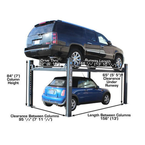 Top Shelf Four Post Vehicle Parking Lift With Massive Eight Thousand Pound Load Capacity And Heavy Duty Diamond Plate Runways For Your Weekend Wrencher Shop showing dimensions and clearance.