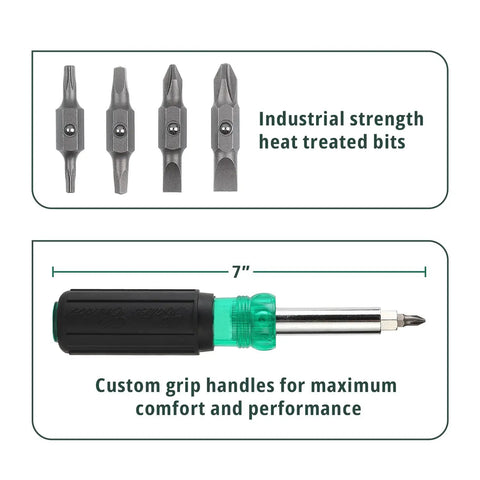 11-In-1 Screwdriver And Nut Driver Multi Tool With Phillips Flat Square And Star Bits for Electricians shown with bits and handle