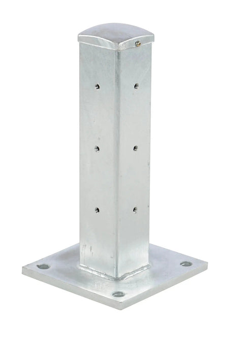 Beefy Galvanized Steel Drop In Fender Post With Tough As Nails Corrugated Guard Rail Powder Coated Bright Yellow for Shop Floor Safety.