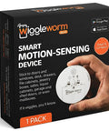 Stick Anywhere Mini Motion Sensor Alarm For Doors, Windows, Jewelry Boxes, Safes, And Mailboxes, Instant Phone App Alerts, Audible Or Silent Modes, No Tools, Easy Setup For Smart Home Security. Box with one-pack white motion sensor device and app logos.