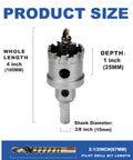 Front view of Amazon 1-inch tungsten carbide tipped hole saw with M2 pilot bit; silver metal, 3/8-inch shank, 25 mm depth.