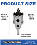 Knockout 1 3/4 Inch Hole Saw Kit Featuring Heavy Duty Tungsten Carbide Tipped Cutter, showing 4 inch length and 1 inch depth.