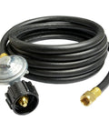 Universal QCC1 Low Pressure Propane Regulator With 12 Foot Hose For Most LP Gas Grills Patio Heaters And Fire Pit Tables Three Eighth Inch Female Flare Nut Replacement, coiled view.