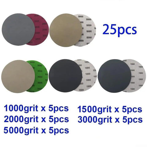 25 Pack Premium 5 Inch Hook Loop Sandpaper Discs Wet Dry Grit Levels 1000 To 5000 Silicone Carbide assorted grit disc preview