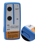 Wireless Winch Remote Control Kit 100 Feet Range 2-Pack Handset Controllers 12V Heavy Duty Recovery Remote For Car Truck Jeep ATV SUV Off Road Adventures blue handheld unit with IN and OUT buttons, power switch, and warning label