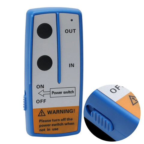Wireless Winch Remote Control Kit 100 Feet Range 2-Pack Handset Controllers 12V Heavy Duty Recovery Remote For Car Truck Jeep ATV SUV Off Road Adventures blue handheld unit with IN and OUT buttons, power switch, and warning label