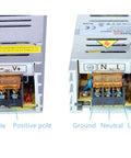 24V 60W LED Power Supply Driver Constant Voltage Switch-Mode Aluminum Fanless Indoor Transformer For LED Light Bars Built Tough No-Fuss Low-Noise Performance Easy Install, rear wiring terminals with DC and AC labels