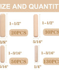 230 Piece Grooved Wooden Dowel Pins Set In One Quarter Five Sixteenth And Three Eighth Inch For Crafts Furniture And Handy DIY Projects With Fluted Bevel Edges For Easy Insertion And Strong Tight Fastening shown with size and quantity details