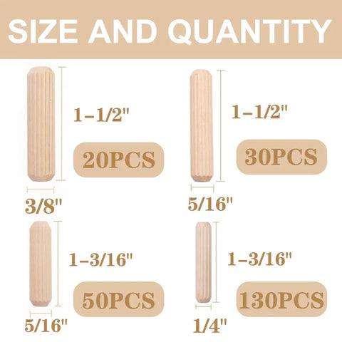 230 Piece Grooved Wooden Dowel Pins Set In One Quarter Five Sixteenth And Three Eighth Inch For Crafts Furniture And Handy DIY Projects With Fluted Bevel Edges For Easy Insertion And Strong Tight Fastening shown with size and quantity details