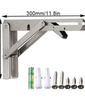 Rock Solid Stainless Steel Folding Shelf Brackets, Pair Of Heavy Duty Wall Mount Supports dimensions 300mm by 175mm with installation hardware.