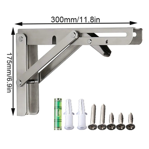 Rock Solid Stainless Steel Folding Shelf Brackets, Pair Of Heavy Duty Wall Mount Supports dimensions 300mm by 175mm with installation hardware.