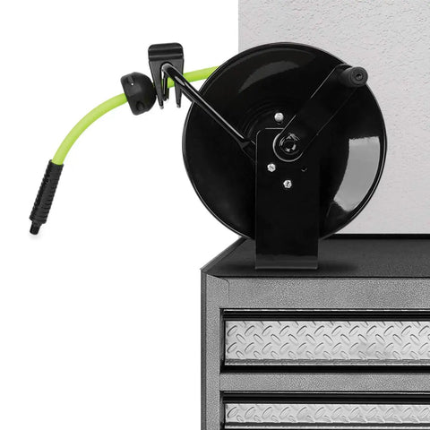 Portable Manual Open Face Air Hose Reel For Easy Winding No-Tangle 3/8 Inch By 50 Feet Heavy Duty Yet Lightweight Hybrid Construction