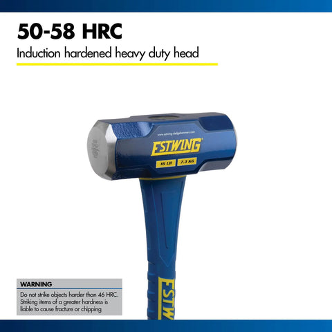 Hard Face 16 Pound Sledge Hammer For Demolition And Stake Driving With 36 Inch Fiberglass Handle Induction Hardened To 50 55 HRC Overstrike Protection And Textured Grip close-up