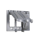 Flip Weatherproof 125-In-1 Universal Metal Device Cover for 3-Gang Boxes Gray with keyhole mounting and lockable tabs.