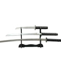 Dope Six Color Iaido Training Katana Set With 1060 Carbon Steel Blades, three-piece display on stand