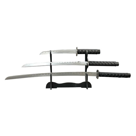 Dope Six Color Iaido Training Katana Set With 1060 Carbon Steel Blades, three-piece display on stand