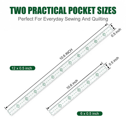 Slim 12 Inch Pocket Quilting Ruler In Clear Acrylic with high contrast green grid, shown alongside a smaller ruler for pattern making.