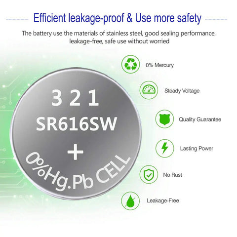 Premium SR616SW Watch Batteries, 1.5 Volt Silver Oxide Button Cells with leakage-proof design and stainless steel construction.