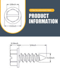 Technical diagram of 8 Pack License Plate Screw Kit For Most Cars In 304 Stainless Steel Hex Head Self Tapping Bolts Rust Proof Silver Frame Accessories One Quarter Inch Diameter Three Quarter Inch Length showing dimensions.