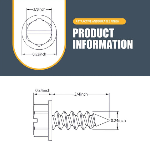 Technical diagram of 8 Pack License Plate Screw Kit For Most Cars In 304 Stainless Steel Hex Head Self Tapping Bolts Rust Proof Silver Frame Accessories One Quarter Inch Diameter Three Quarter Inch Length showing dimensions.