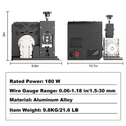 Front and side view of Automatic Electric Wire Stripper Machine For 0.06 To 1.18 Inch Wires, 180W motor, aluminum construction.