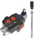 ALL-CARB 1-spool hydraulic directional control valve, angled view; black body, red port caps, manual lever