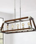 Rustic Modern 31.4 Inch Five Light Rectangle Kitchen Island Chandelier With Oak Wood And Silver Metal Frame For Dining Room