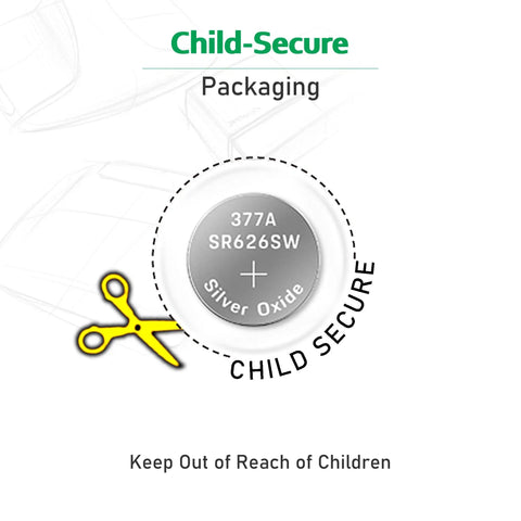 10 Pack SR626SW 377 Watch Battery 1.55V Silver Oxide Button Cell in child-secure packaging with warning to keep out of reach of children.