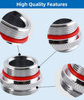 Close-up of 18 Piece Faucet Adapter Kit Brass Aerator Set with chrome finish and red seals for sink, garden, and RV hose connectors.