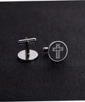 Cross Cufflinks Titanium Steel For Men Black Decorative Shirt Fasteners With A Sharp All Day Shine For Business Wedding Formal Wear And Everyday Dress Up 1 Pair, shown on a dark surface