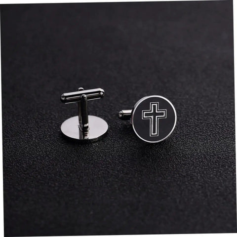 Cross Cufflinks Titanium Steel For Men Black Decorative Shirt Fasteners With A Sharp All Day Shine For Business Wedding Formal Wear And Everyday Dress Up 1 Pair, shown on a dark surface