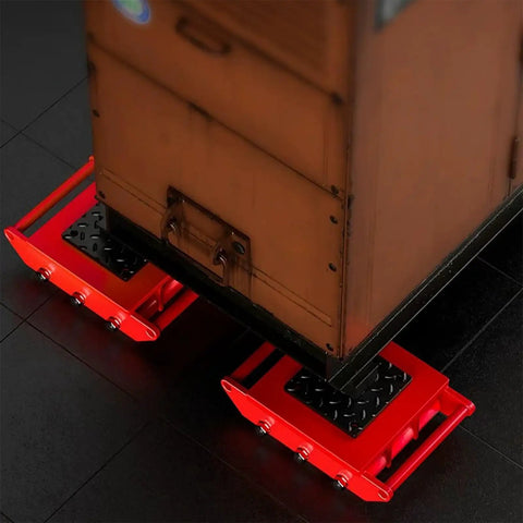 Heavy Duty Machinery Skate Dolly And Industrial Load Mover Featuring Premium PU Casters under a brown cabinet on a workshop floor.