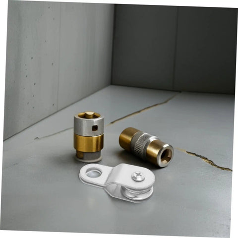 12Pc Swivel Rope Pulley Block Roller Set For 6mm Cable With Smooth Wheel Bearing System Lightweight Aluminum Coated Zinc Pulley For Heavy Duty Load Lifting And Home Organization Rope Cable Roller shown with metal pulley parts