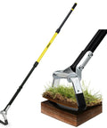 Long Reach 4-In-1 Garden Hoe with 64 Inch Handle for easy weeding, scuffle and stirrup hoe with weed scraper in action on grass
