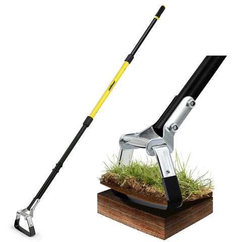 Long Reach 4-In-1 Garden Hoe with 64 Inch Handle for easy weeding, scuffle and stirrup hoe with weed scraper in action on grass