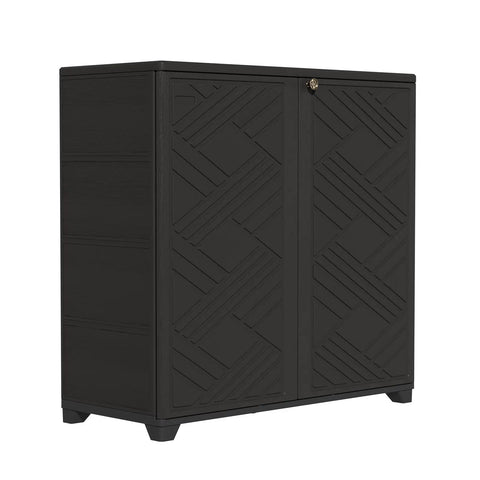 All Weather Indoor And Outdoor Storage Cabinet Waterproof Plastic Box Black 34 Inch By 15 Inch By 34 Inch With Two Shelves For Garden Balcony And Bathroom DIY Ready Easy Open Durable front view.