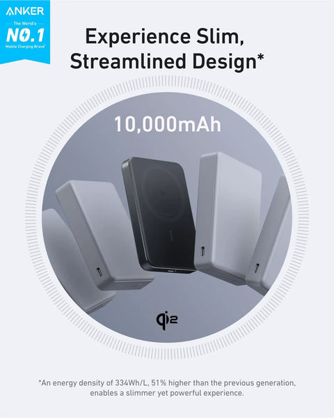 Ultra Compact 10000Mah Portable Power Bank With Qi2 Certified 15W MagSafe Wireless Charging showing slim design with USB-C output.